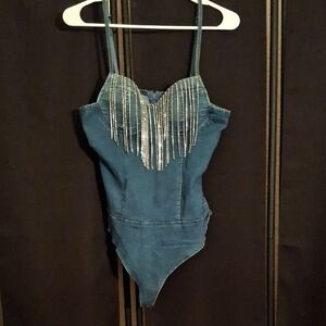 Fashion Nova  Denim Blue Bodysuit with Silver Fringe